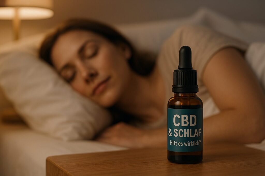 CBD zum Einschlafen frau am schlafen mit cbd flasche im vordergrund