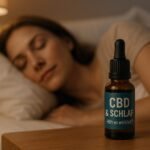 CBD zum Einschlafen frau am schlafen mit cbd flasche im vordergrund