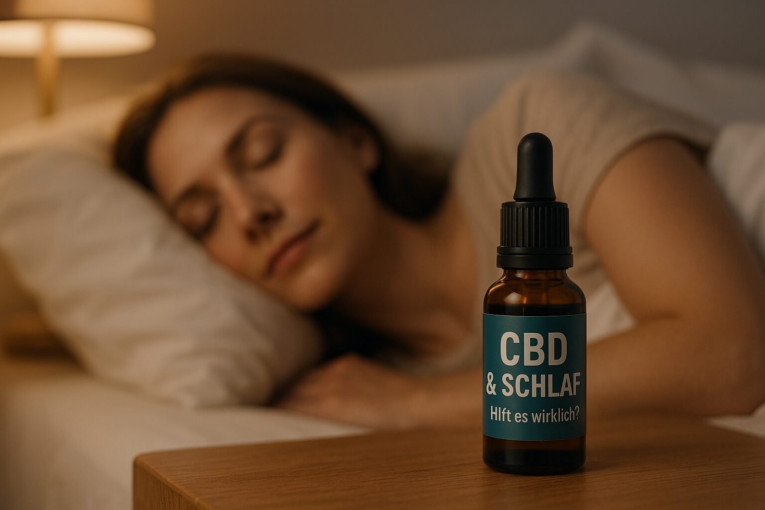 CBD zum Einschlafen frau am schlafen mit cbd flasche im vordergrund